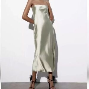 Zara Satin Strapless Midi Dress - Light Green